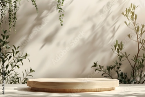 Wallpaper Mural Round wooden podium with ample empty space for a product, surrounded by lush green plant elements, creating a natural and elegant presentation. Torontodigital.ca