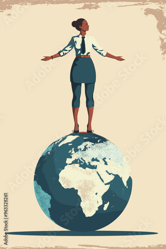 Triumphant Businesswoman Stands Atop Globe, Holding Prize and Symbolizing Success in World Economics and Global Opportunities