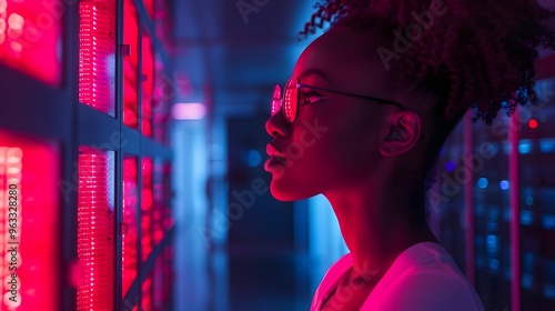 Woman Cybersecurity Glasses Red Neon Data Center Technology Innovation. AI Generated