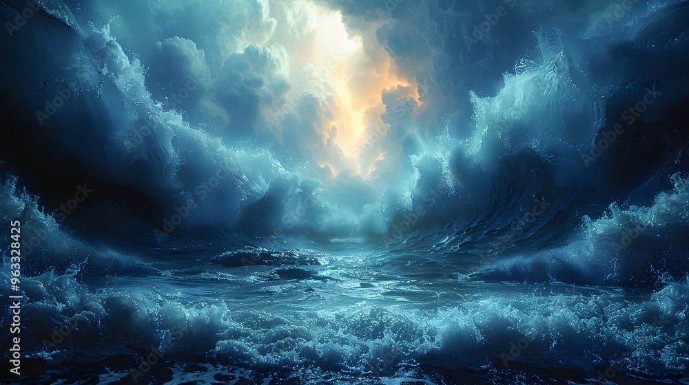 Capture the moment as Moses guides the Israelites through the parted Red Sea, with towering walls of water on either side, illuminated by a soft, divine light,