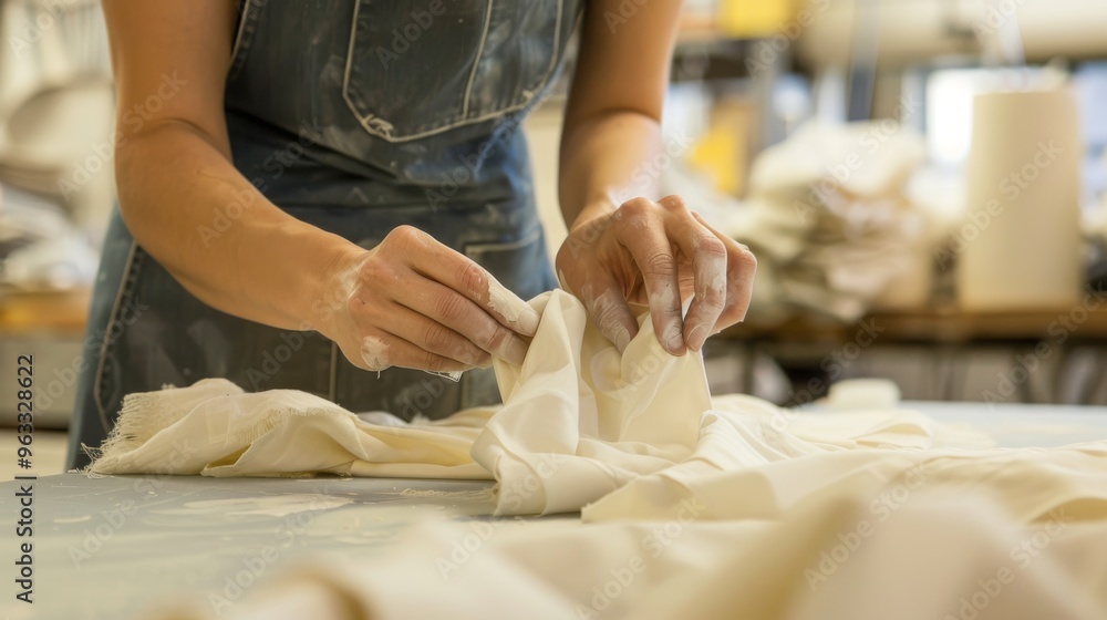 Close up of a woman's hands working with fabric in a workshop. She is wearing a denim apron. Close up of a woman's hands working with fabric in a workshop. She is wearing a denim apron.
