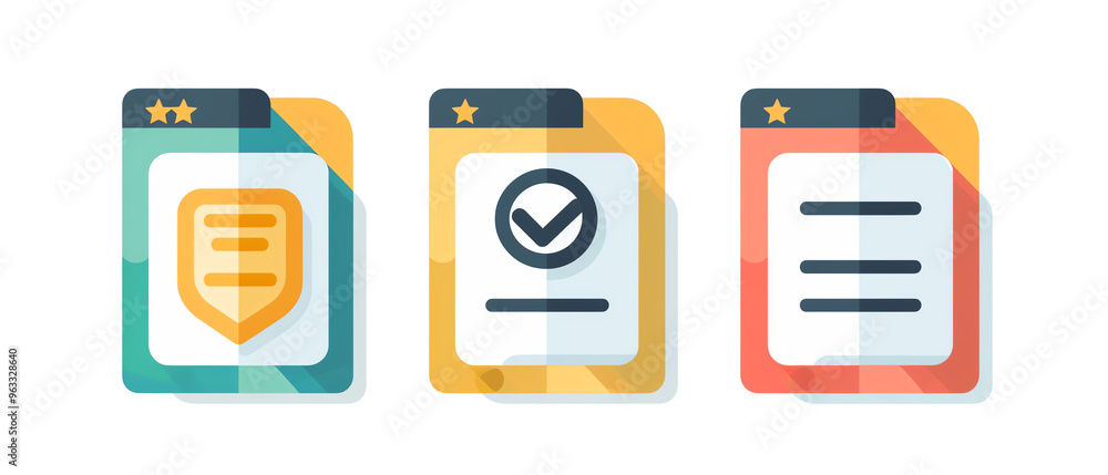 Three colorful document icons with different symbols. Three colorful document icons with different symbols.