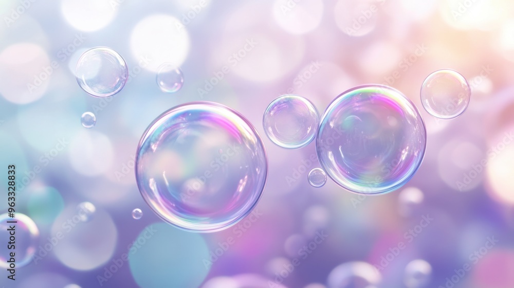 Multiple floating soap bubbles in varying sizes and subtle rainbow reflections, set against a soft, blurry background Multiple floating soap bubbles in varying sizes and subtle rainbow reflections, set against a soft, blurry background