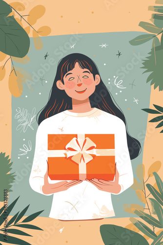 Smiling Woman Holding Gift Box with Loyalty Program and Bonus Points Concept