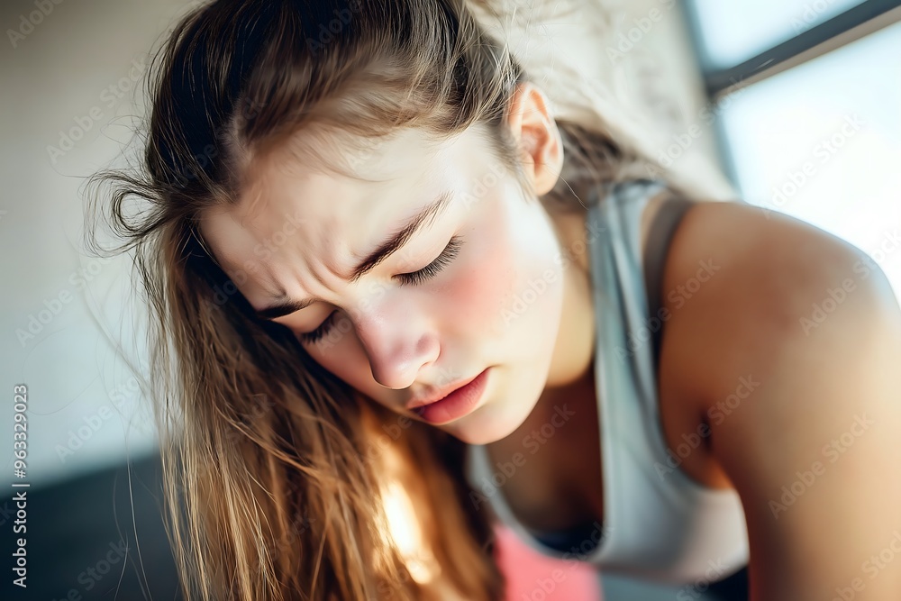 After a tough gym session, a young fitness model grips her knees and breathes heavily. After a tough gym session, a young fitness model grips her knees and breathes heavily.