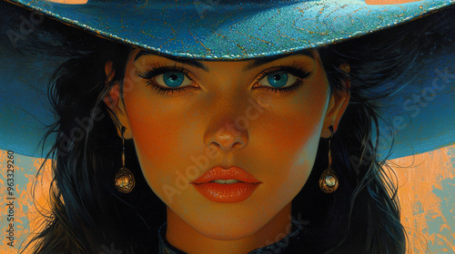 A woman with long dark hair and bright blue eyes gazes intently from under a wide-brimmed hat.
