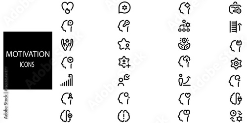 Motivation simple concept 28 icons set. Contains such initiate, human, continue, behavior, states, compete, paradigmatic mental and desire.Vector illustration.