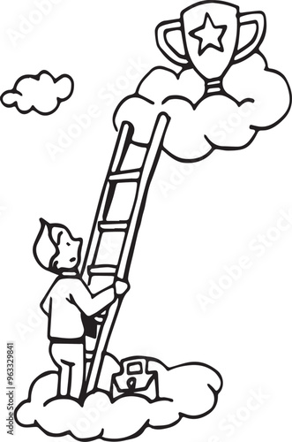 Man Climbing Ladder to Earn Victory, Career or Success , Man climbing high on career ladder or in business to earn success or victory