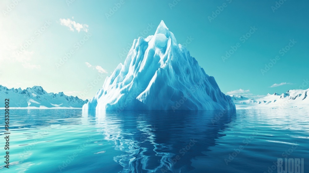 A towering iceberg floating in a calm ocean with sharp, jagged peaks glistening under a bright, clear sky A towering iceberg floating in a calm ocean with sharp, jagged peaks glistening under a bright, clear sky