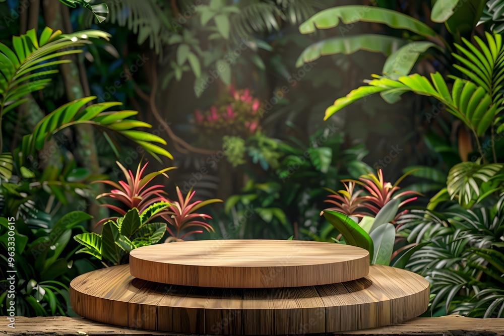 Round wooden podium with ample empty space for a product, surrounded by lush green plant elements, creating a natural and elegant presentation. Round wooden podium with ample empty space for a product, surrounded by lush green plant elements, creating a natural and elegant presentation.