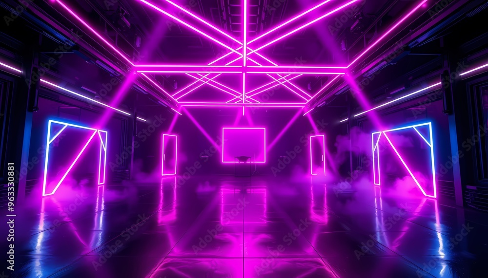 Cyberpunk Event Space with Neon Lights in Magenta and Blue, Reflective Black Floors Cyberpunk Event Space with Neon Lights in Magenta and Blue, Reflective Black Floors