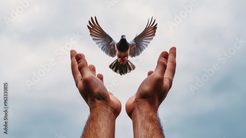 A pair of hands releasing a dove into a stormy sky, letting go, grief turning into acceptance