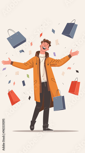 Joyful Male Shopper with Depleted Bank Account and No Money Left as a Result of Excessive Spending and Shopping Addiction Causing Insolvency