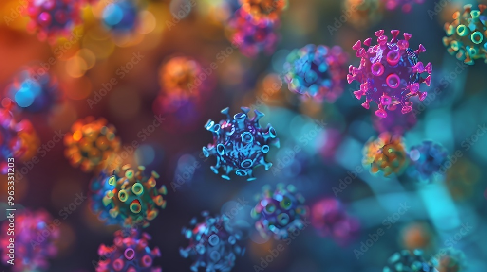 A close up of a virus with red and blue colors. The virus is surrounded by a blurry background A close up of a virus with red and blue colors. The virus is surrounded by a blurry background