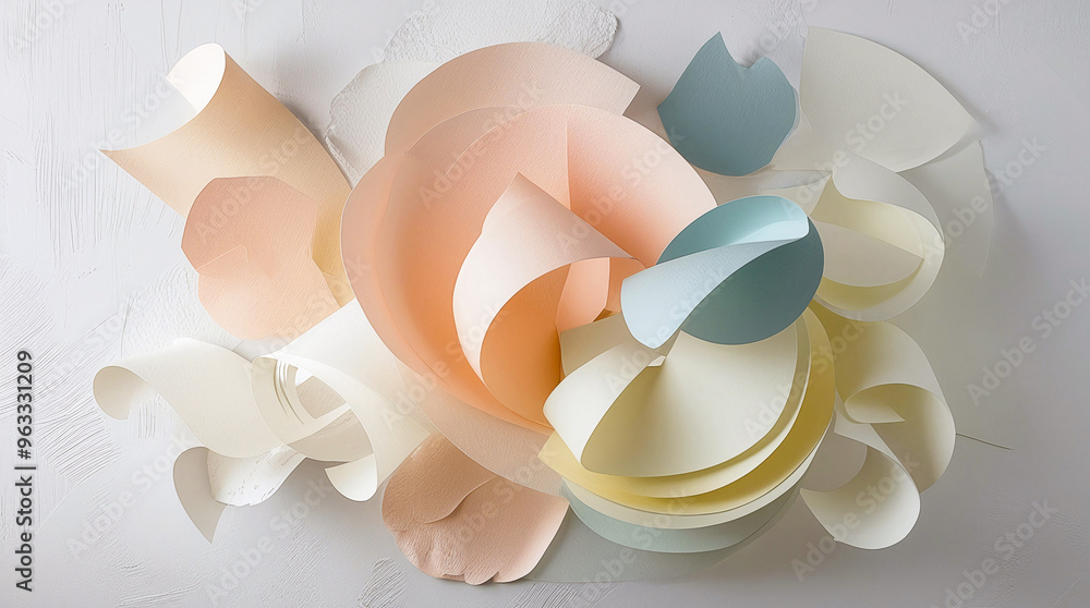 A paper cut abstract art featuring shades of buff, verdigris, ecru papers layered randomly on silver background. Bright cinematic lighting for depth and contrast to the textured, modern composition A paper cut abstract art featuring shades of buff, verdigris, ecru papers layered randomly on silver background. Bright cinematic lighting for depth and contrast to the textured, modern composition