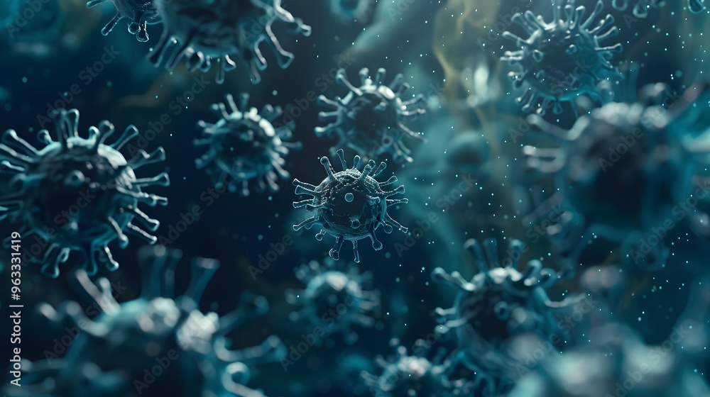 A close up of a virus with red and blue colors. The virus is surrounded by a blurry background A close up of a virus with red and blue colors. The virus is surrounded by a blurry background