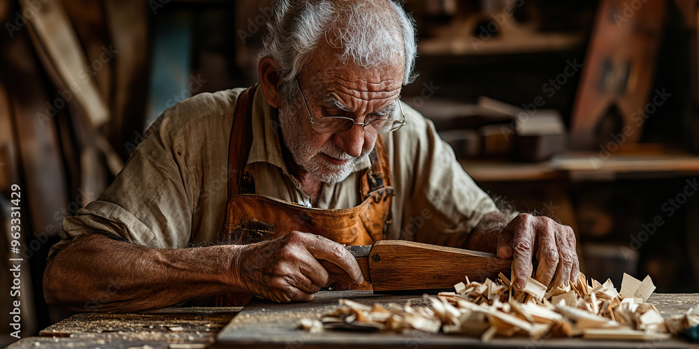 The Craftsman's Touch: An elderly man tenderly shaving wood with a traditional hand plane. The Craftsman's Touch: An elderly man tenderly shaving wood with a traditional hand plane.
