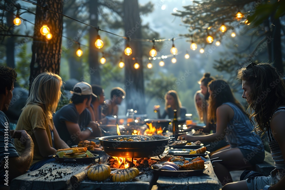 A group of people are gathered around a table with food and drinks A group of people are gathered around a table with food and drinks