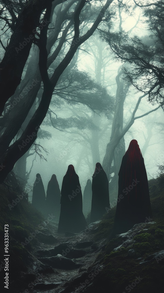 Figures in dark robe walking on path in a spooky forest Figures in dark robe walking on path in a spooky forest