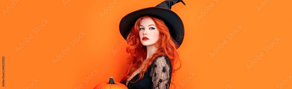 Stylish woman in a witch costume with orange hair and a hat, holding a pumpkin against an orange background, halloween concept, copy space for text Stylish woman in a witch costume with orange hair and a hat, holding a pumpkin against an orange background, halloween concept, copy space for text