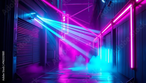 Wallpaper Mural Neon-Lit Alley with Intersecting Beams in Magenta and Cyan, Glossy Wet Surfaces Torontodigital.ca