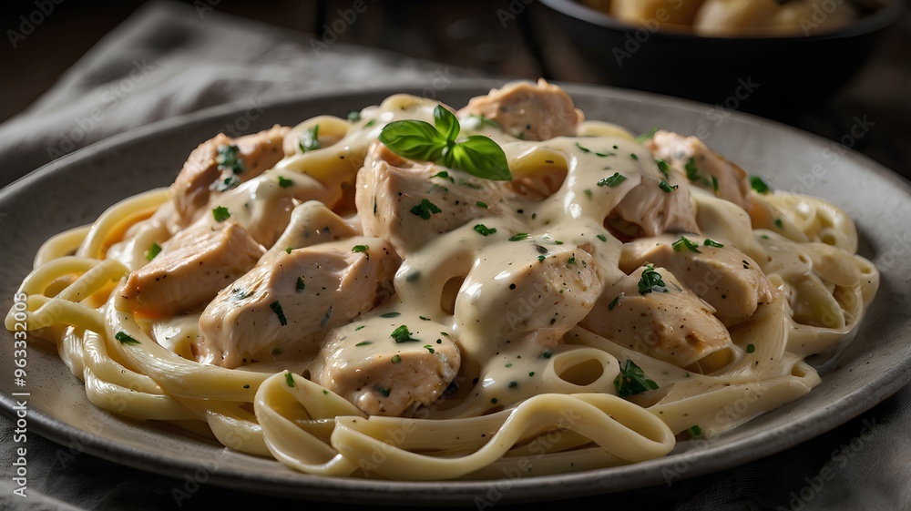Tasty chicken alfredo with pasta and mozzarella cheese Tasty chicken alfredo with pasta and mozzarella cheese