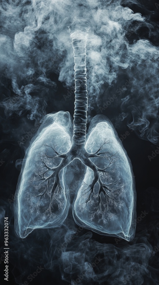 Human lungs being suffocated by smoke from cigarettes