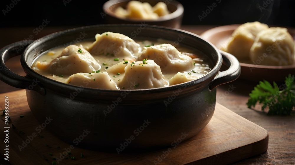 Close up of a bowl of chicken and dumplings Close up of a bowl of chicken and dumplings