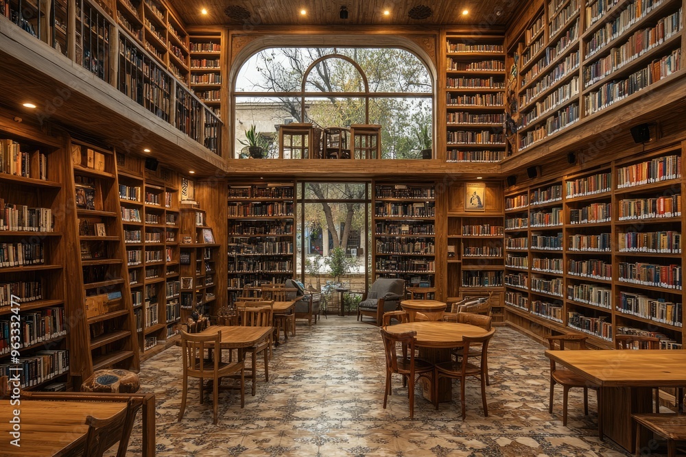 Well-Lit Library with Round Tables and Chairs.. Well-Lit Library with Round Tables and Chairs..
