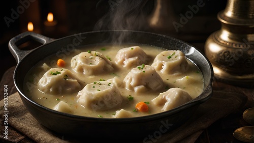 close up of a bowl of hot chicken dumplings