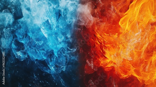 Contrast of cold and hot represented by blue ice and red flames, sharp and detailed elements blending in a dynamic background.