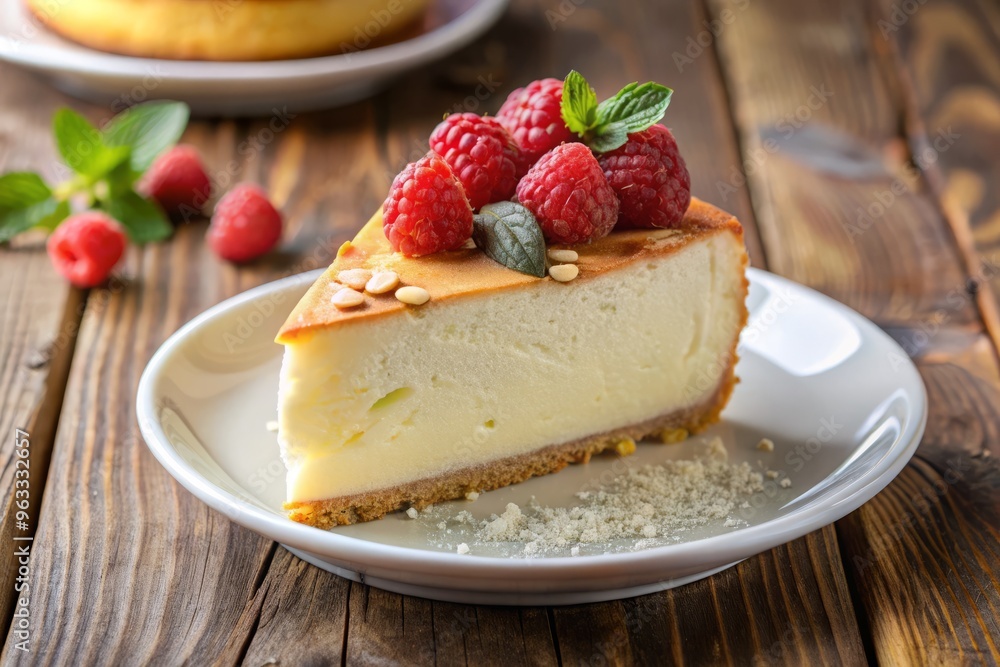 Creamy Japanese cheesecake radiates warmth, its slice cut to reveal a delicate balance of textures, paired with a sprinkling of toasted almonds and a few fresh raspberries on a crisp white plate. Creamy Japanese cheesecake radiates warmth, its slice cut to reveal a delicate balance of textures, paired with a sprinkling of toasted almonds and a few fresh raspberries on a crisp white plate.