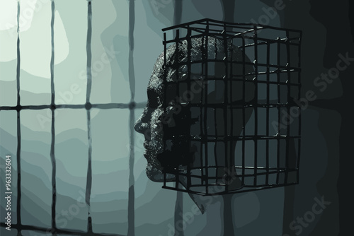 Human Head Trapped in Cage, Symbolizing Mental Health Struggles, Addictions, and Societal Repression