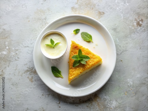 A minimalist composition featuring a single Shahi Tukra slice, placed on a white ceramic plate, surrounded by a small pool of creamy milk, and a single sprig of fresh mint photo