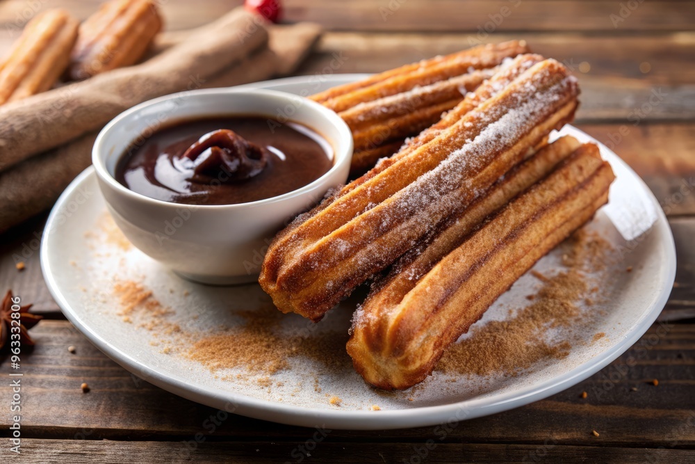 A warm, inviting churro rests on a simple white plate, smothered in a rich, velvety chocolate sauce and topped with a delicate sprinkle of cinnamon, perfect for a cozy afternoon treat. A warm, inviting churro rests on a simple white plate, smothered in a rich, velvety chocolate sauce and topped with a delicate sprinkle of cinnamon, perfect for a cozy afternoon treat.