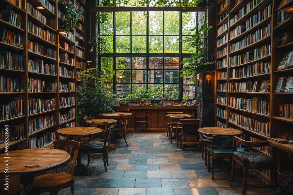 Well-Lit Library with Round Tables and Chairs.. Well-Lit Library with Round Tables and Chairs..