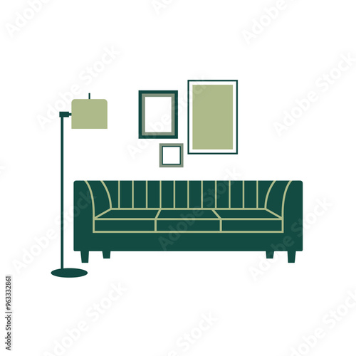 Sofa, floor lamp, three posters on the wall. Living room interior. Vector color icon in flat style on a white background