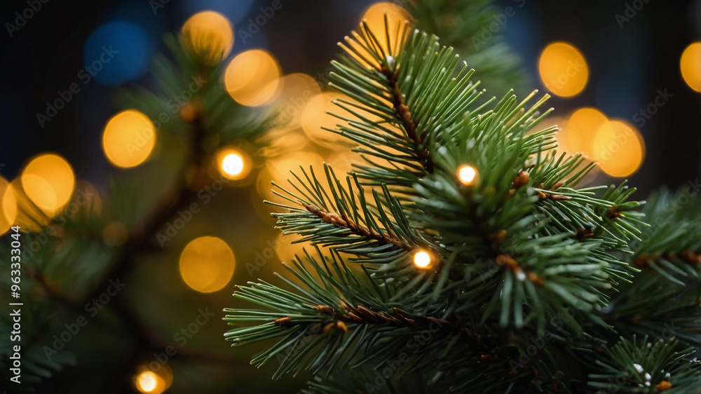 Close-up of a pine tree branch with twinkling lights in the background, evoking holiday cheer. Close-up of a pine tree branch with twinkling lights in the background, evoking holiday cheer.