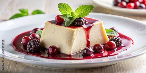 Warm, golden light casts a gentle glow on the semifreddo, highlighting the delicate balance between creamy and icy textures, as it sits atop a pool of rich