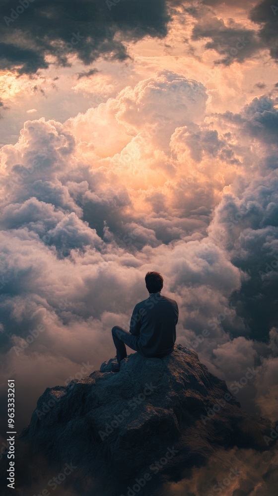 Man sitting on a mountain top contemplating the sunset above the clouds Man sitting on a mountain top contemplating the sunset above the clouds