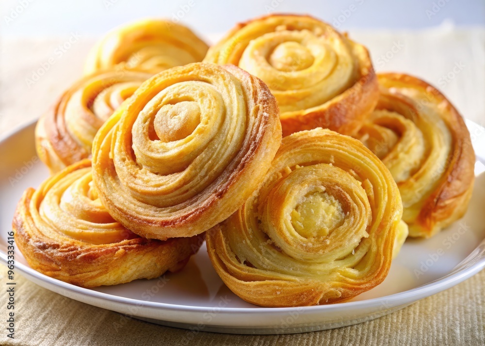 Golden, flaky pastry fragments spiral outward from a rich, creamy center, showcased on a spotless white dish. Golden, flaky pastry fragments spiral outward from a rich, creamy center, showcased on a spotless white dish.