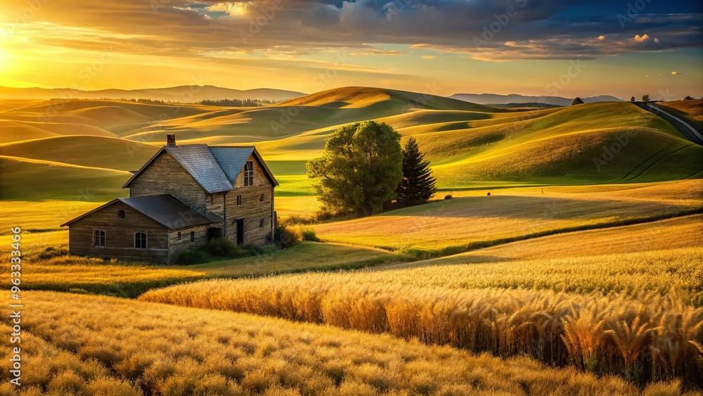 A rustic farmhouse surrounded by rolling hills and fields of golden wheat, with a warm afternoon light casting long shadows, and a subtle sense of nostalgia and tranquility. A rustic farmhouse surrounded by rolling hills and fields of golden wheat, with a warm afternoon light casting long shadows, and a subtle sense of nostalgia and tranquility.