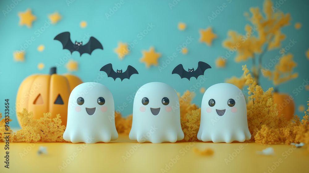 Obraz premium Three cute ghosts with big smiles on a festive background.