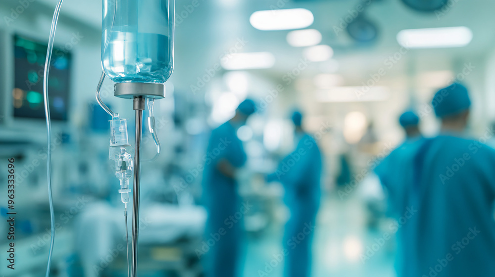 Focused iv drip with blurred surgeons operating on patient in hospital operating room Focused iv drip with blurred surgeons operating on patient in hospital operating room