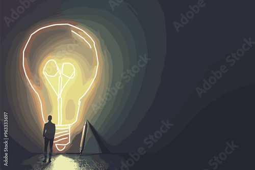 Giant Hand Drawing Glowing Light Bulb with Pen Next to Thinking Businessman - Creative Ideas and Innovation