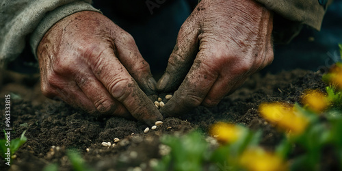 Farmer's Hands: A weathered farmer working the soil, planting seeds for the next harvest.