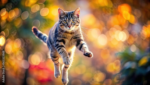 A playful cat jumping high in mid-air, frozen in motion, with a blurred background, vivid colors, and a sense of energy and movement. photo