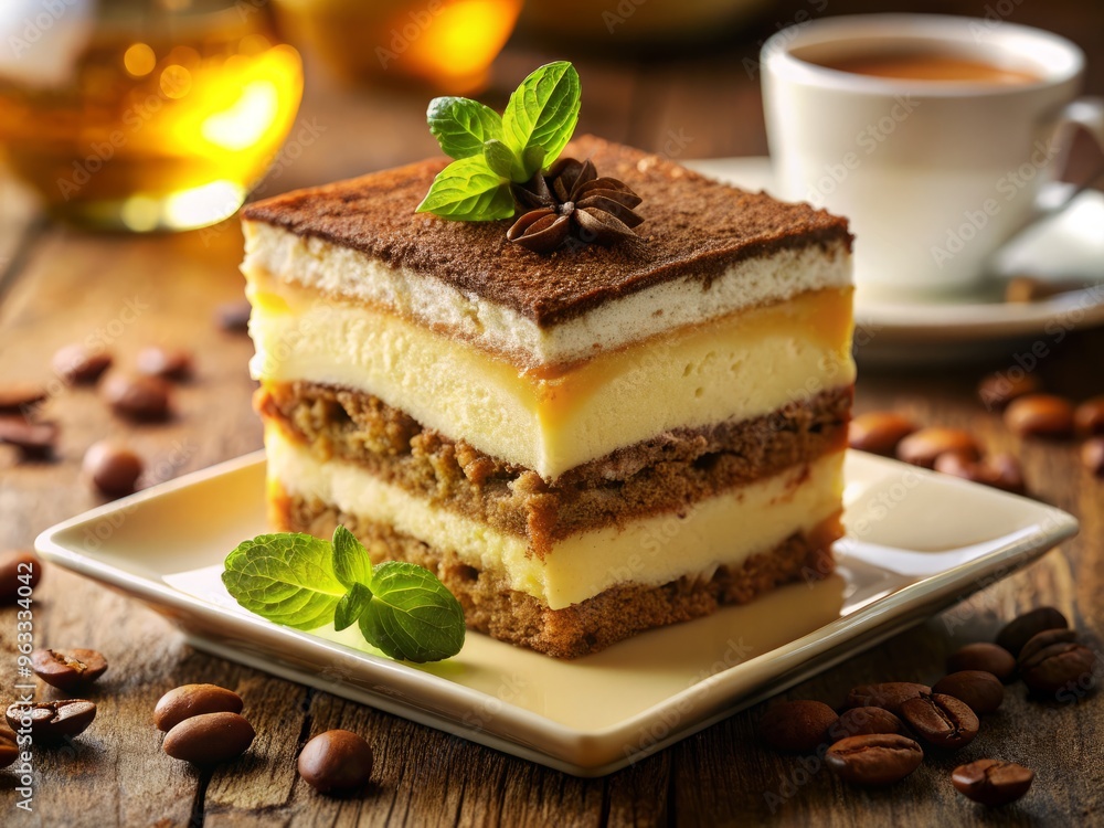 A vibrant and inviting image of a Tiramisu, bathed in warm, golden light, with the creamy mascarpone cheese and rich espresso colors taking center stage, all on a pristine white plate. A vibrant and inviting image of a Tiramisu, bathed in warm, golden light, with the creamy mascarpone cheese and rich espresso colors taking center stage, all on a pristine white plate.