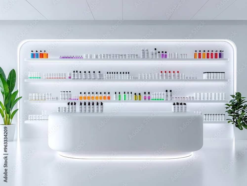 A sleek modern pharmacy with minimalist white design, organized products, and glass shelves, Photorealistic, 3D Render A sleek modern pharmacy with minimalist white design, organized products, and glass shelves, Photorealistic, 3D Render