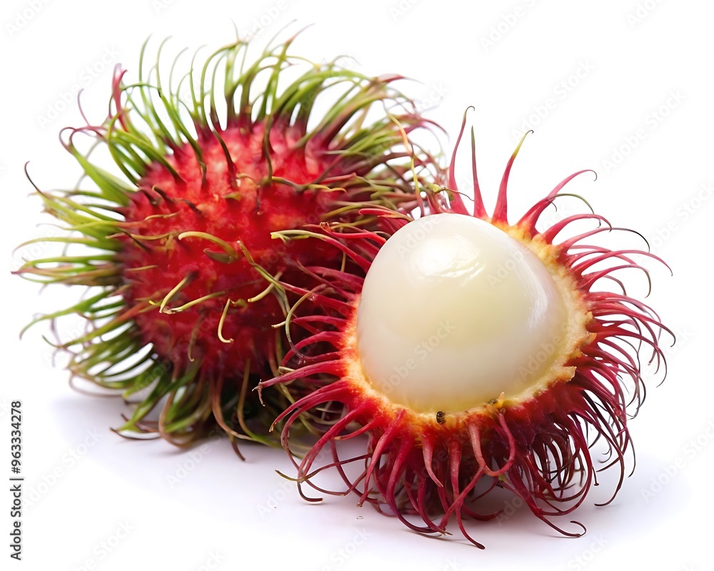 Fresh and Juicy Rambutan Fruit with White Flesh and Vibrant Red Spiky Skin - Perfect for Southeast Asian Cuisine and Tropical Recipes. Fresh and Juicy Rambutan Fruit with White Flesh and Vibrant Red Spiky Skin - Perfect for Southeast Asian Cuisine and Tropical Recipes.